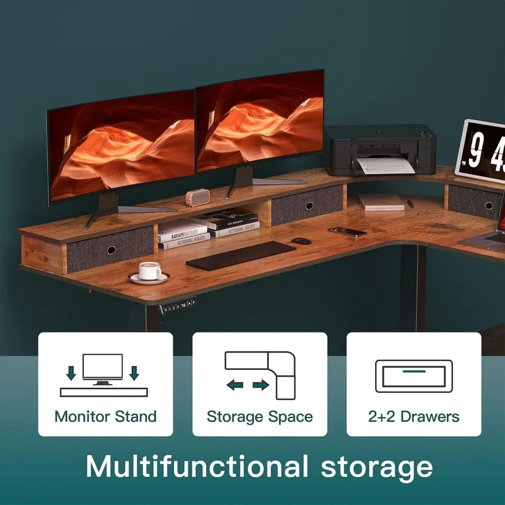 L字型電気高さ調節可能スタンディングデスク、コンピューターデスク、大型デスク、4つの引き出し、67インチ