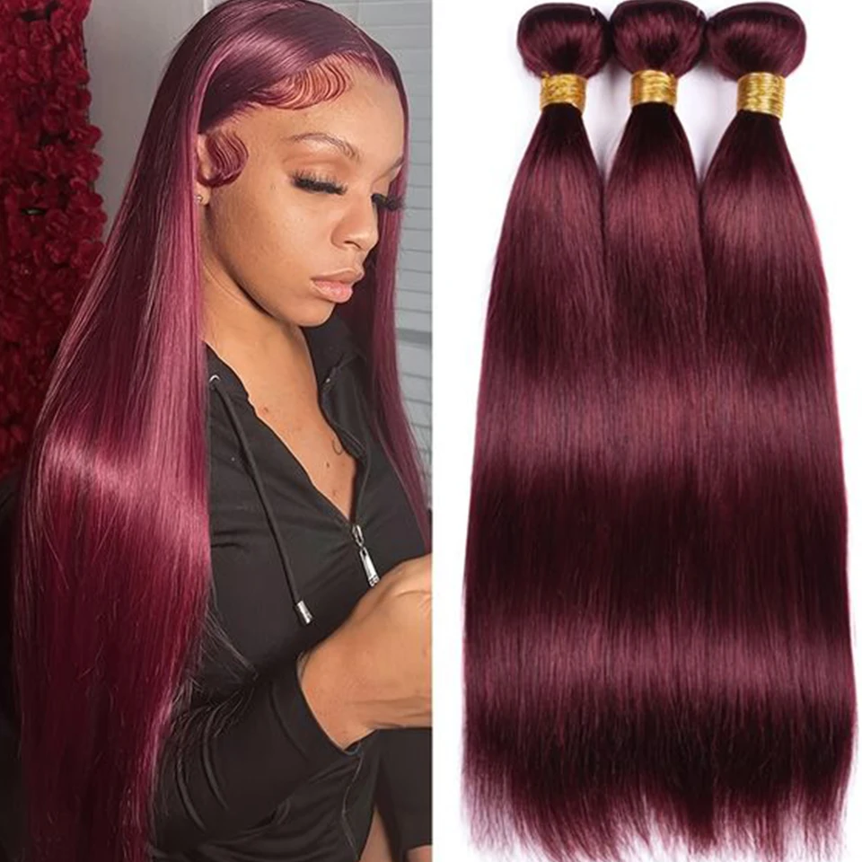 Bundles de cheveux humains raides bordeaux, cheveux Remy, 3 faisceaux, vin rouge, grade 12A, 99J