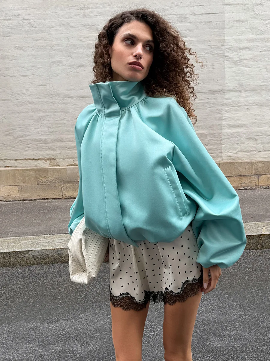 LIinar Women Satin Bomber Jacket Stand-Collar Coats for Women 2026 Autumn Winter Candy-colored Fashion Women‘s Loose Jacket