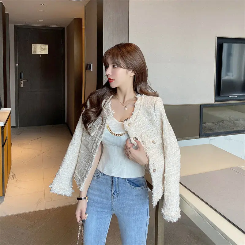 Korean Autumn New Style Tweed Single Breasted Long Sleeved Elegant Women's Jacket Vintage Striped Knitted Shirt Outerwear