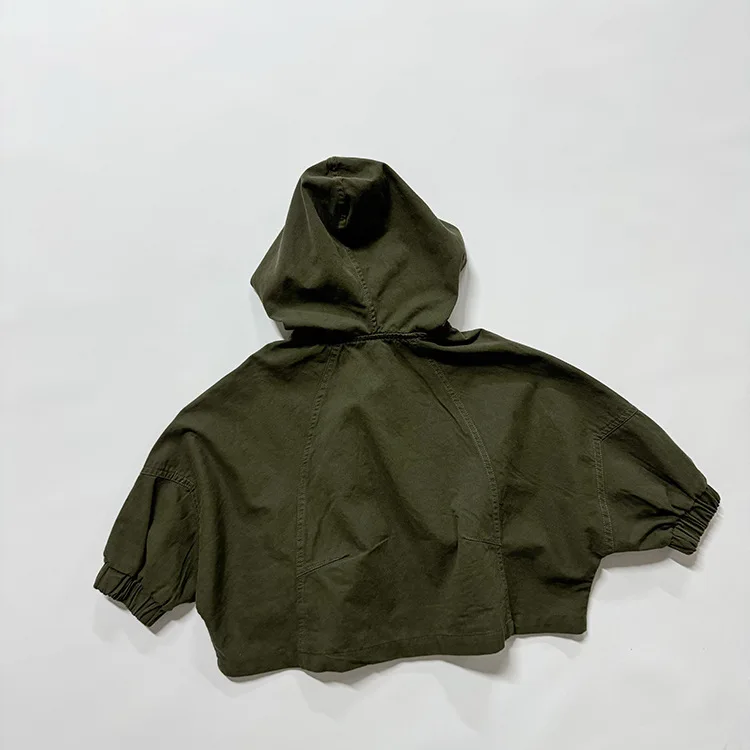Hooded Windbreaker Batwing Sleeve Outdoor Zip-up Coat Autumn New Boys Grils Children Fashionable Comfortable Solid