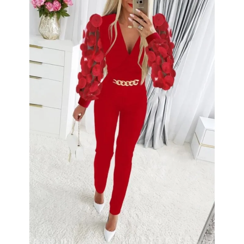 2025 Women Sexy Deep V-neck Mesh Long Sleeve Jumpsuits Spring One Piece Overall Black Elegant Chain Decor Party Jumpsuits Cloth
