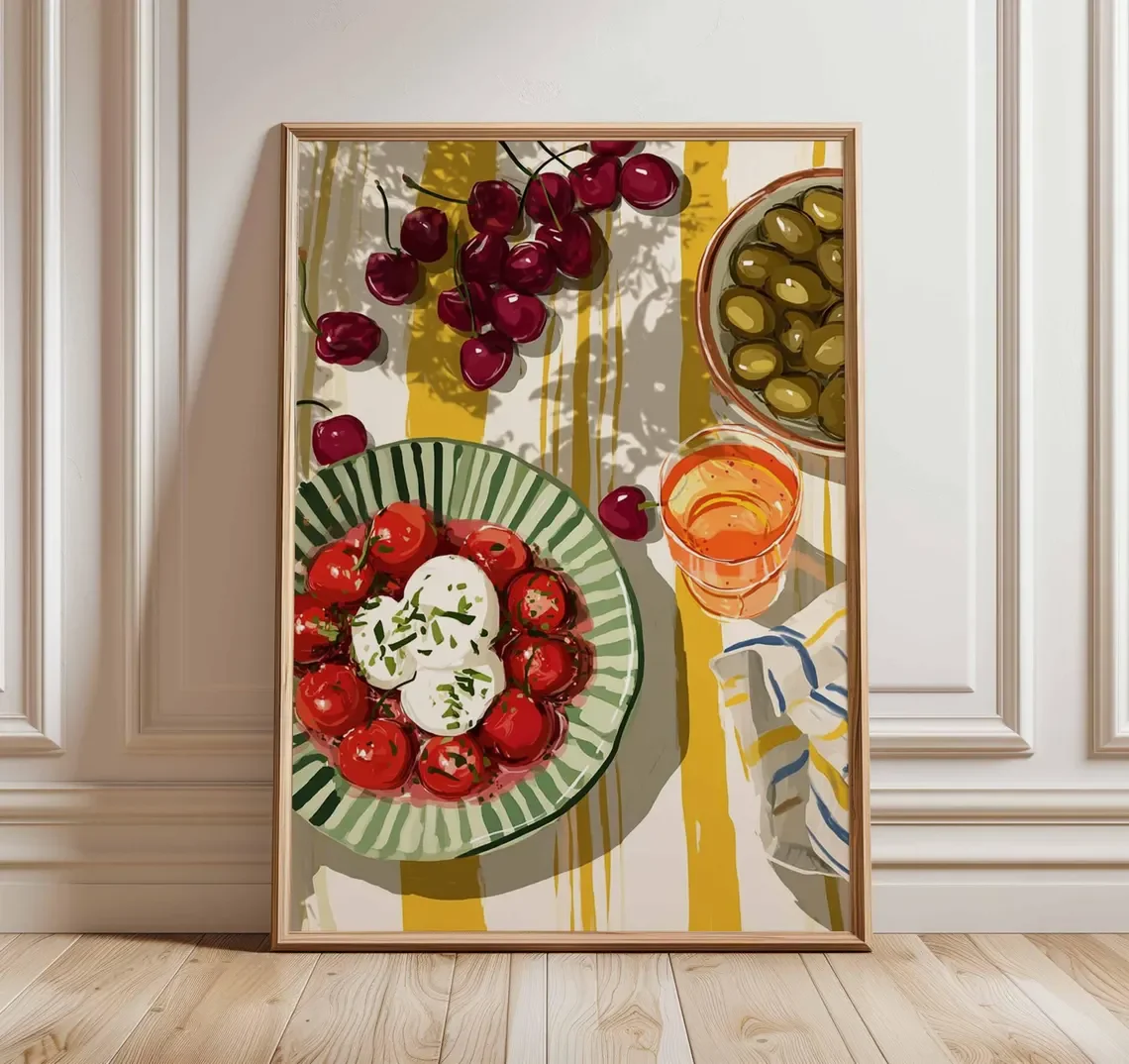 Impresión artística para pared de cocina mediterránea, póster de naturaleza muerta con comida, obra de arte colorida para comedor, ilustración de frutas y ensaladas, estilo rústico