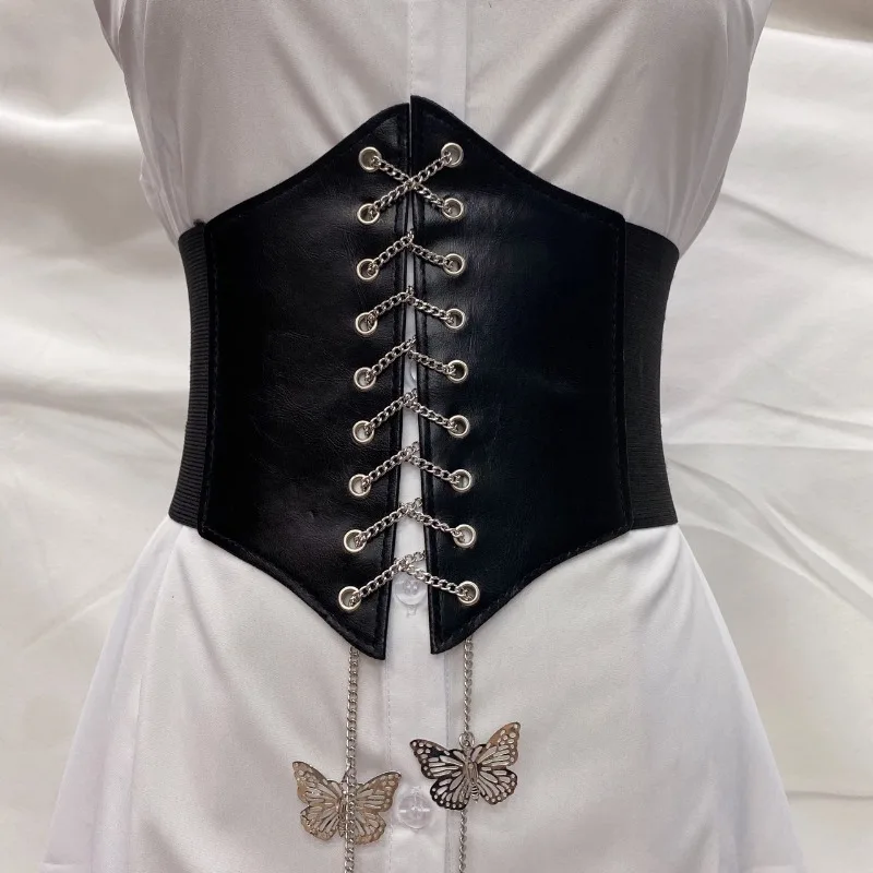 Light Luxury Premium Metal Butterfly Chain Fashion Goth Women Corsets Creative Harajuku Style High Waist Shaper Wide Belt