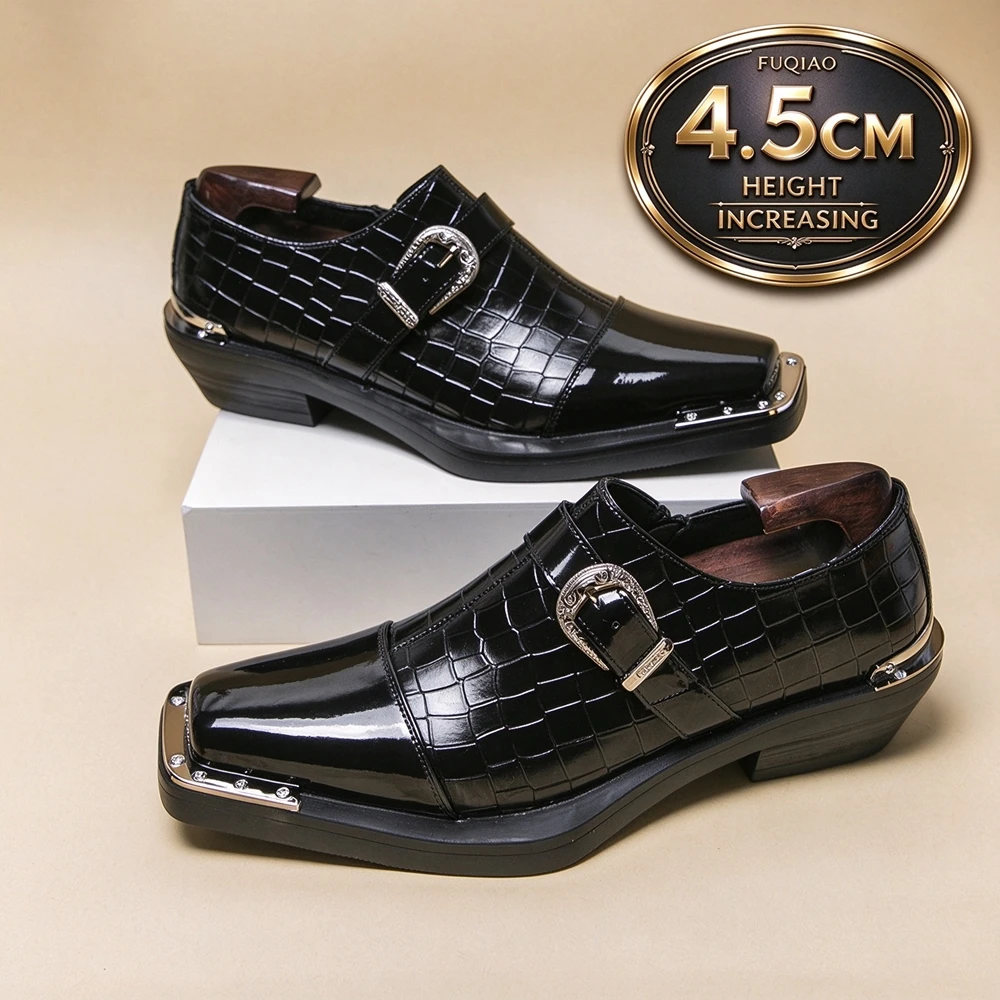 Vintage Mens Chunky Monk Shoes 4.5cm High Heel Croc Embossed Leather Metal Tip Buckle Shoes Business Casual Party Street Loafers