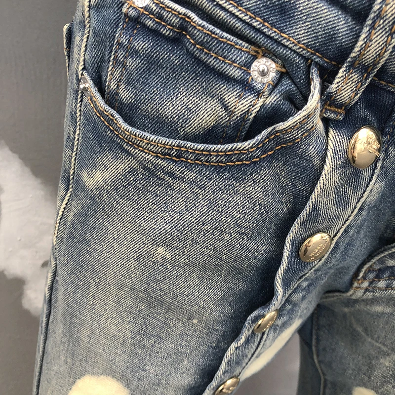 2024 Spring Men Blue Jeans Hole Patchwork Men Jean Hombre Motorcycle Pant Streetwear Print Ripped Jean Elastic Jeans For Men