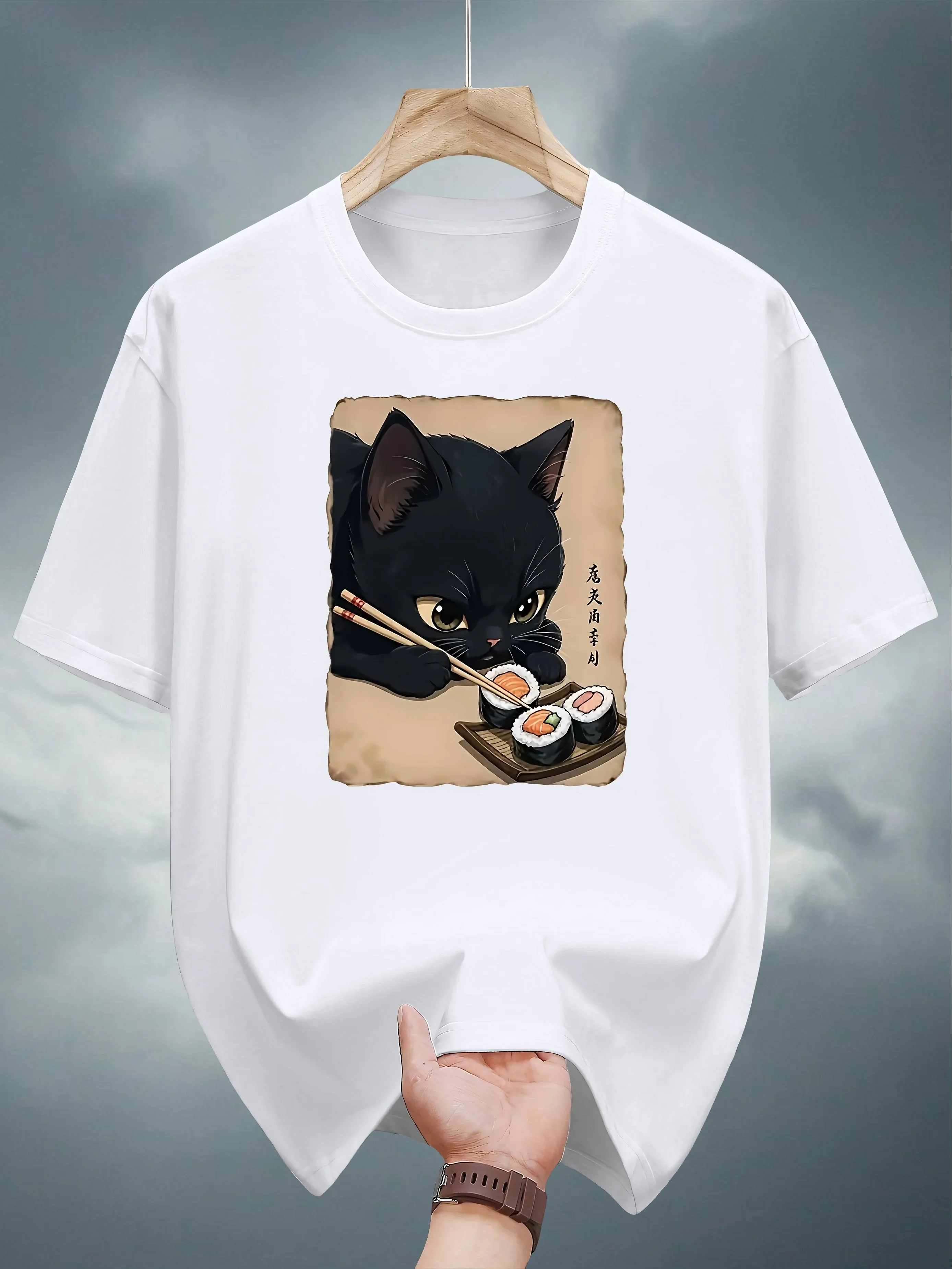 Japan Sushi Cat Herren Damen T-Shirt aus reiner Baumwolle Outdoor Street Casual Sport Mode Harajuku Y2K Retro Sommer Kurzarm-Oberteil