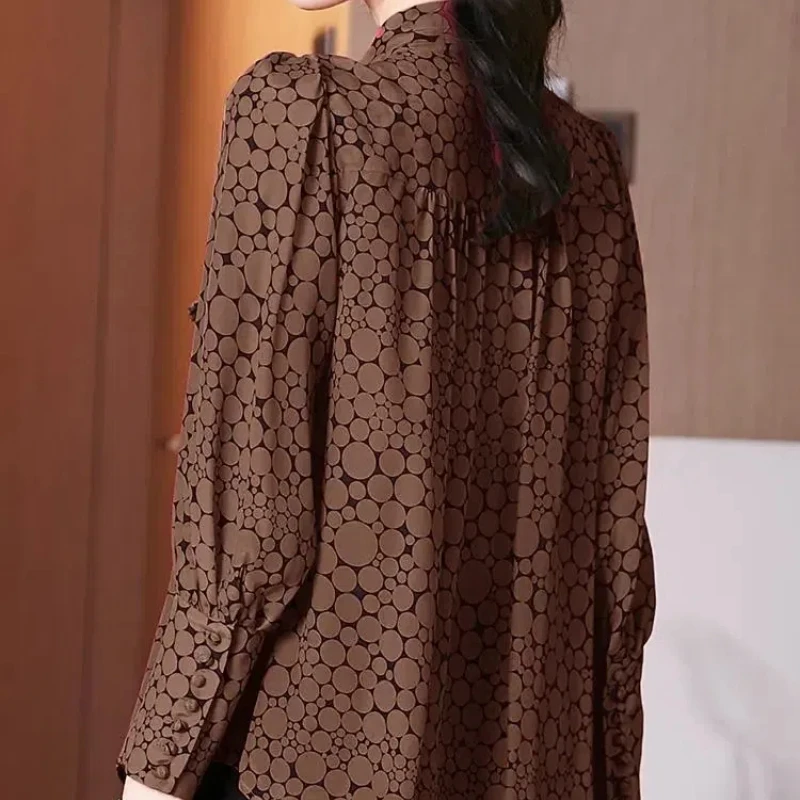 2024Spring and Autumn New Arrivals Coffee Bow Circular Dots Long Sleeve High-end Chiffon Shirt Fashion All-match Pullovers Tops