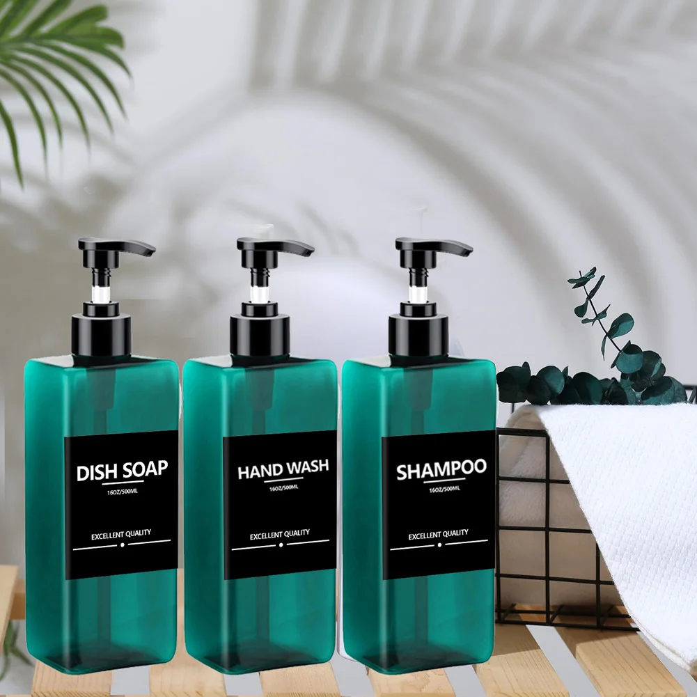 3 PCS 500ML Bathroom Shampoo Dispenser Refillable Lotion Hand Sanatizer Empty Pump Bottle Kitchen Soap Container with 8 Label