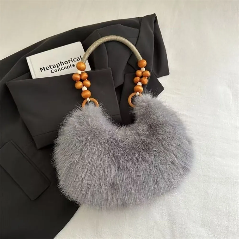 Minimalist Vintage Fluffy Shoulder Bag Soft Wooden Bead Handle Handbag Versatile Zipper Closure Underarm Bag Women