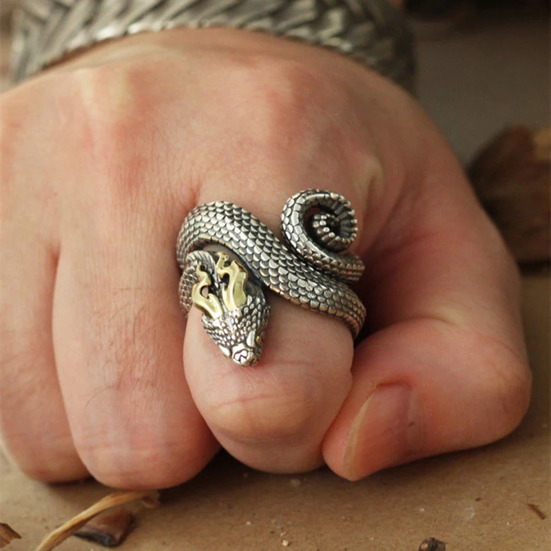

Exquisite Vintage Silver Rings for Men New Fashion Flame Horn Snake Pure Argentumpunk Domineering Hand Jewelry