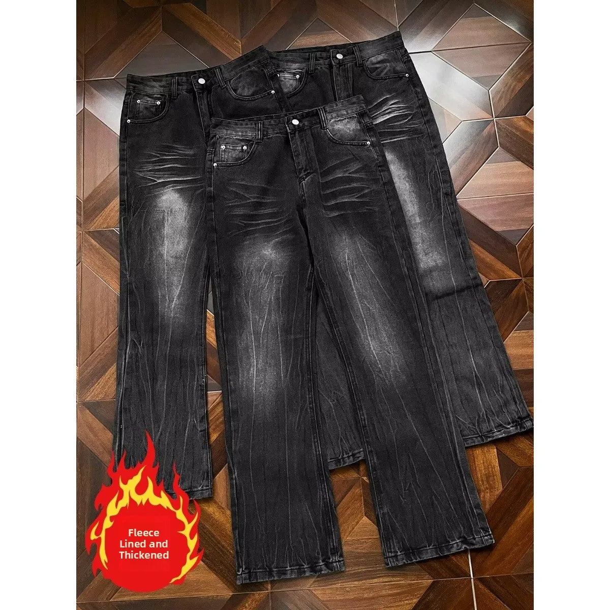 American Cleanfit Fleece Lined Thickened Jeans High Waist Straight Leg Micro Flared Washed Grey Denim Casual Loose Fit Jeans