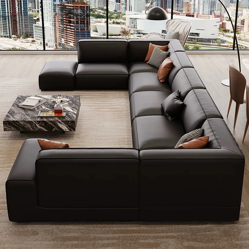 Black leather sofa living room large apartment Italian minimalist modern light luxury top layer