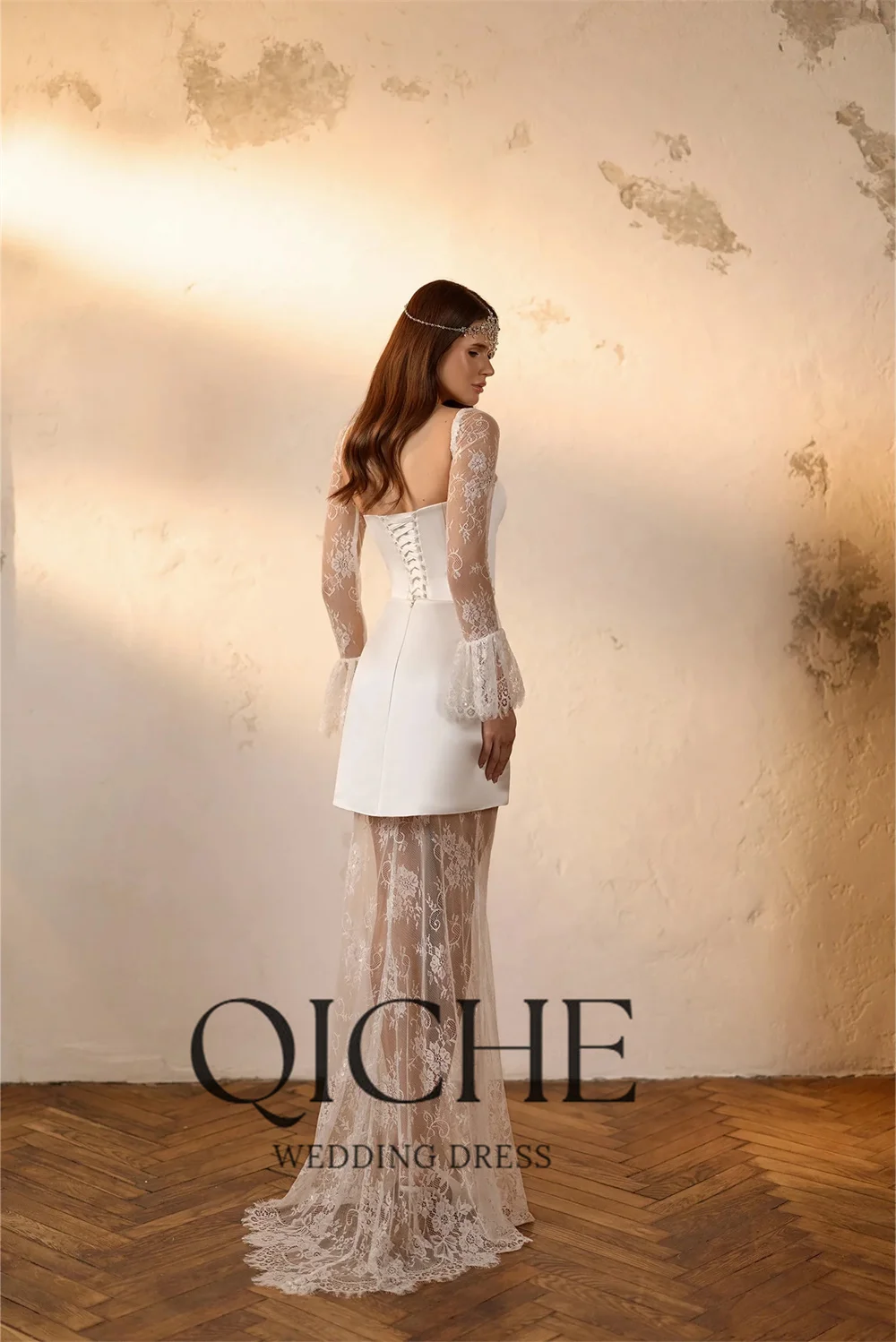 QICHE Modern Lace Satin Wedding Dress Women Long Sleeves Strapless Lace-up 2026 Bridal Party Gowns Vestidos De Noiva Customized