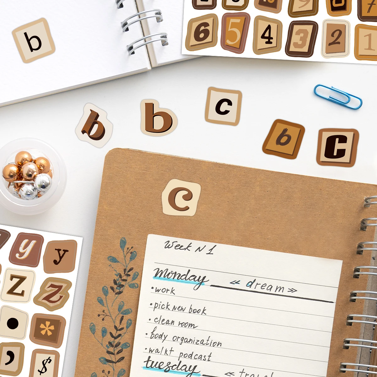 4sheets(192pcs)Vintage Aesthetic Brown Doodle Alphabet Number Stickers,Decal For Planner,Journal,Scrapbook,Organizing,Decorating