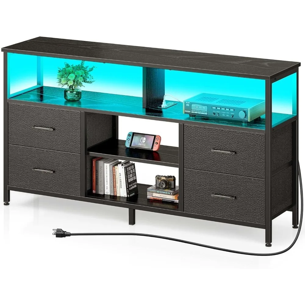 

TV Stand with Power Outlets and LED Light, 4 Fabric Drawers Entertainment Center for 55.1inch TVs, Media Console with