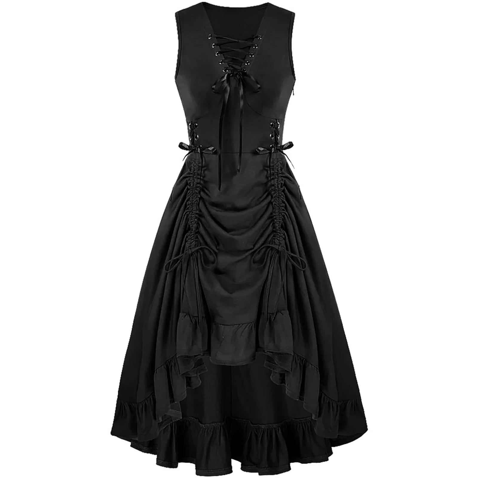 Medieval Women Dress Renaissance Adjustable Dress High Waist Ruffled Steampunk Gothic Halloween Costume Tea Party Ball Gown