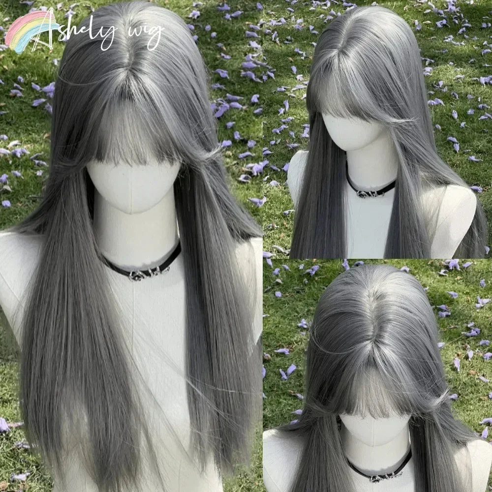 Ashely Wig for Women Long Gray Straight Wig with Bangs Fashion Silver Wig for Cosplay and Daily Use Synthetic Wigs Peruka