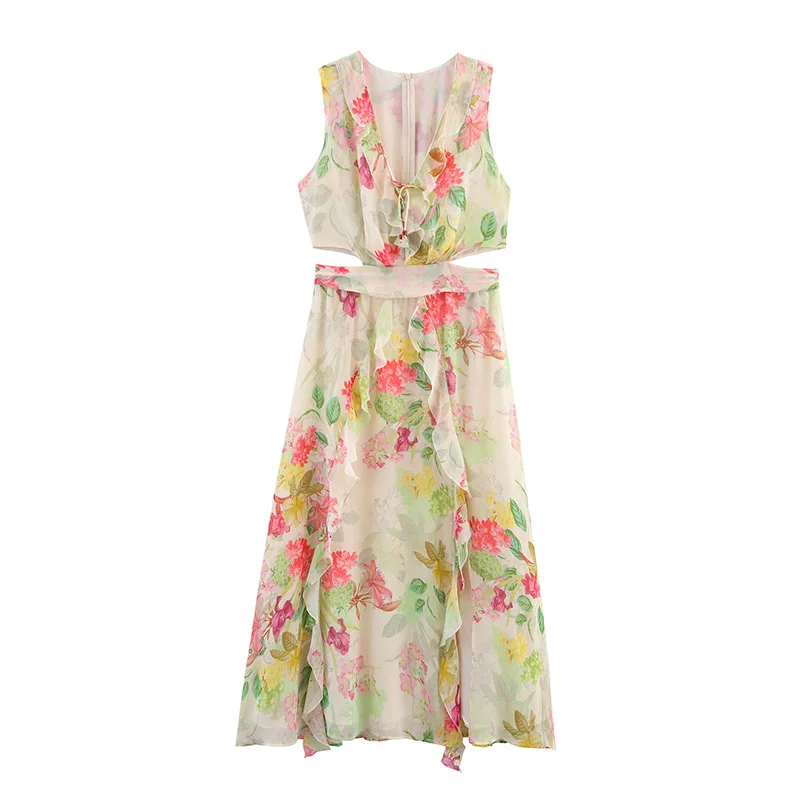 2025 novo verão feminino com decote em v sem mangas estampa floral design aberto maxi vestido praia vestidos de férias