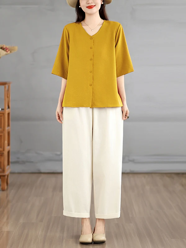 

Loose Casual Summer Shirt Top And Wide Leg Pants Two Piece Set for Women Fashionable Comfortable Cotton Outfit V Neck Button up