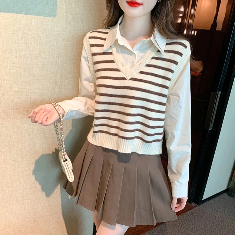 

Шикарный вязаный свитер Ne Красивый лоскутный весенний модный искусственный двухсекционный свитер прямого кроя Thiened Long Sve Stripe Pa...