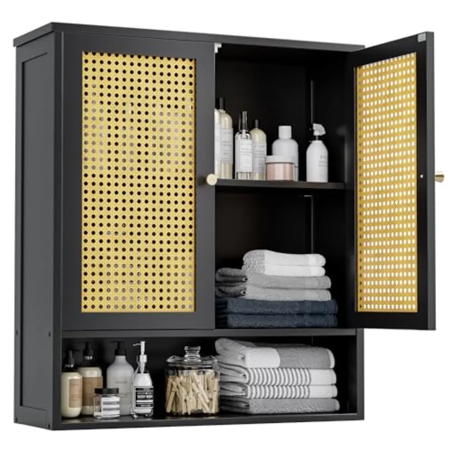 

Bathroom Wall Cabinet, Bamboo Over-The-Toilet Storage Organizer with 2 Rattan Doors and Adjustable Shelf, Space Saver Medicine