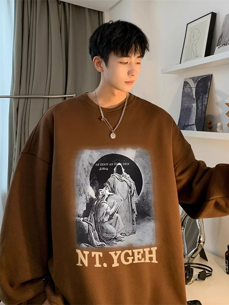 

Hip Hop Men's Hoodl Sweatirt Trendy Haome Brown High Street Sle Spring Autumn Casual Loose Fit Printed Sweatirt