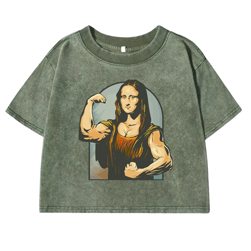 تي شيرت قطني مطبوع للإناث ، ملابس لياقة بدنية كلاسيكية ، ملابس ضيقة ، قمصان رياضية رائعة ، لعب الناس على مونا ليزا ، الصيف