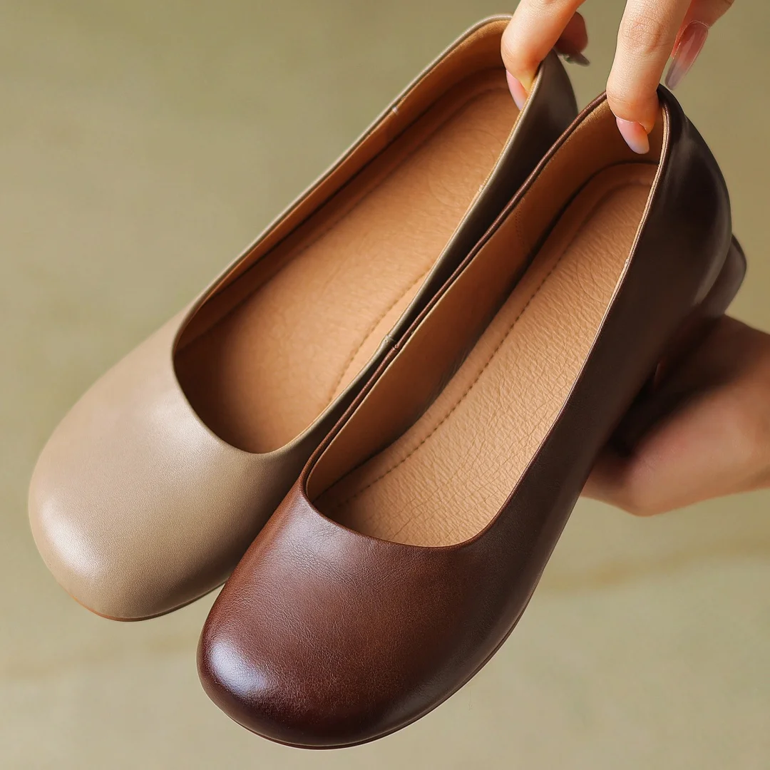 

Plus size 34-42 women's genuine leather round toe slip-on pumps 3cm thick low heel elegant ladies daily slim dress heeled shoes