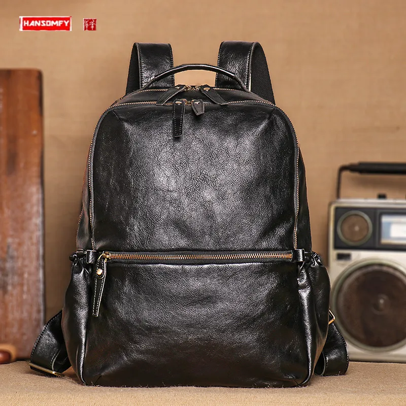 Men's Leather Backpack Cowhide Outdoor Travel Bag Fashion Trend Schoolbag Korean Business Computer Bags Large Capacity