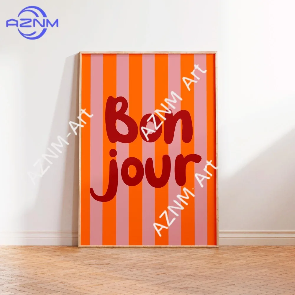 1 Piece of Frameless Canvas Poster,Hello,Bonjour,Bold Multicolor Striped Art Poster Canvas Decor Painting,Living Room Wall Decor