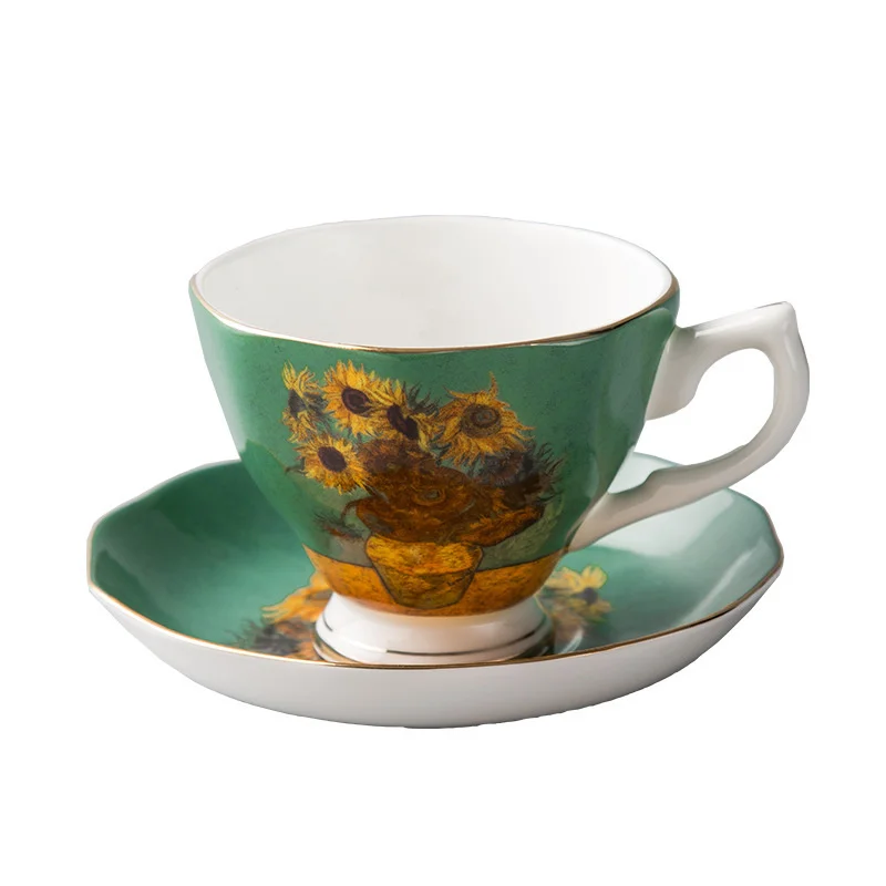 Nice Van Gogh Famous Oil Painting Design Bone China Coffee Cup Saucer Sets Sunflower Starry Night Art Tea Glass Tasse Cafe Tazas