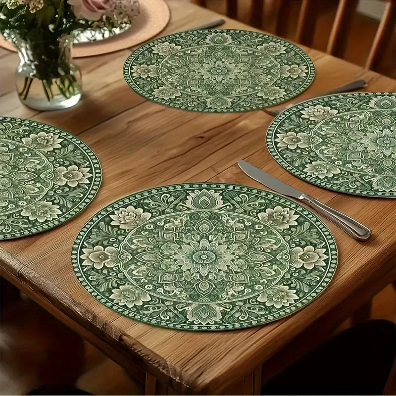 VIKAMA Vintage Green Mandala Ethnic Round Placemat, Bohemian Waterproof Heat‑Resistant Hotel Decor Mat