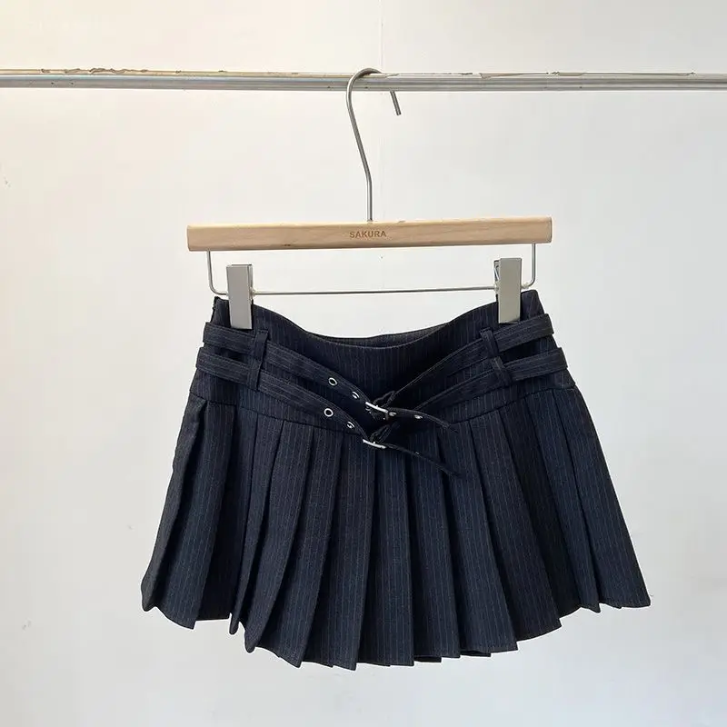 Striped Pleated Skirt Y2k Mini Ropa Mujer 2026 Spring New Skirts Japan Hot Girls A-line Faldas High Street Double Belt Roupas
