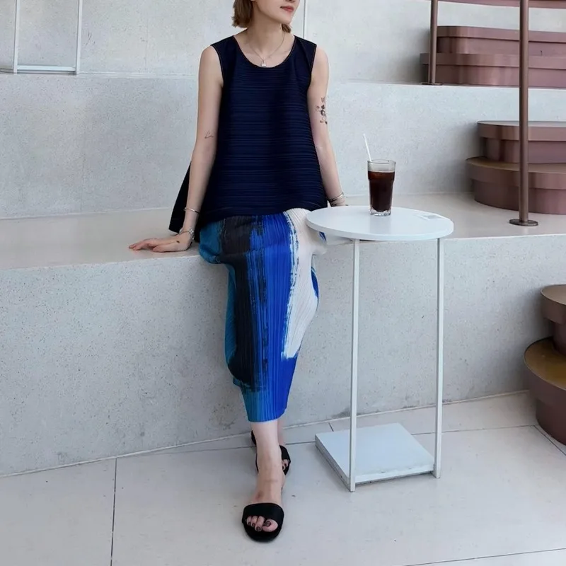 Miyake – robe plissée pour femmes, nouvelle mode rétro, mélange irrégulier imprimé, Tube droit, taille haute, jupe longue, été 2025