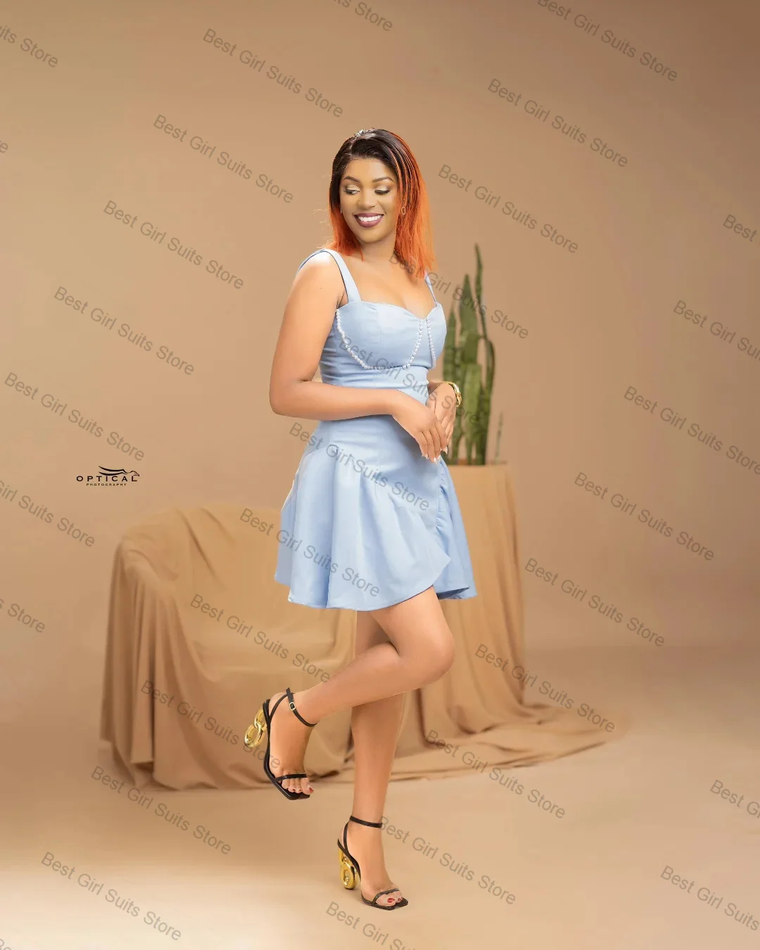 

Pearls Women Prom Dress Light Blue Sexy Stripe Sleeveless Formal Office Lady Short Mini Skirt Customized Guest Wedding Gown