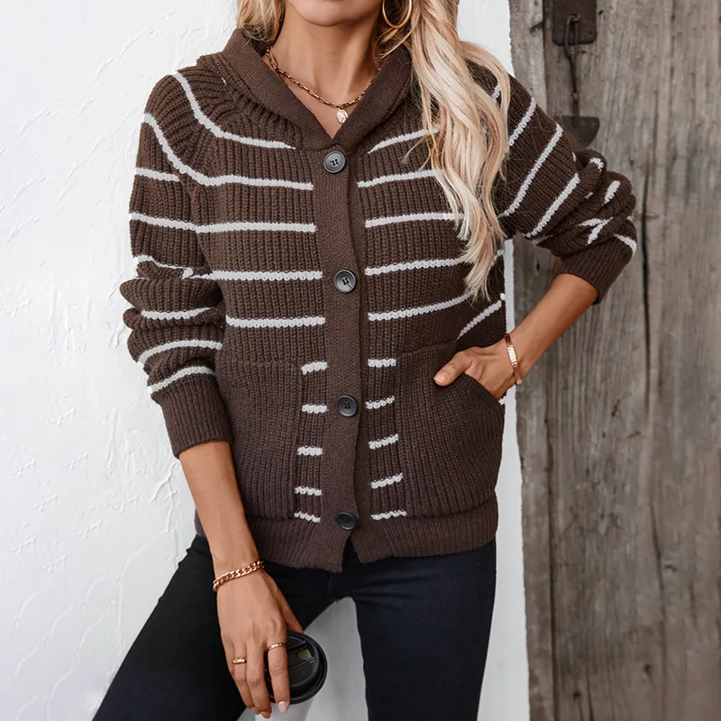 

Faionable Loose Knit Hooded Striped Sweater Cardigan Women's Autumn Long Sve Comfortable Fit Striped Outerwear Coat