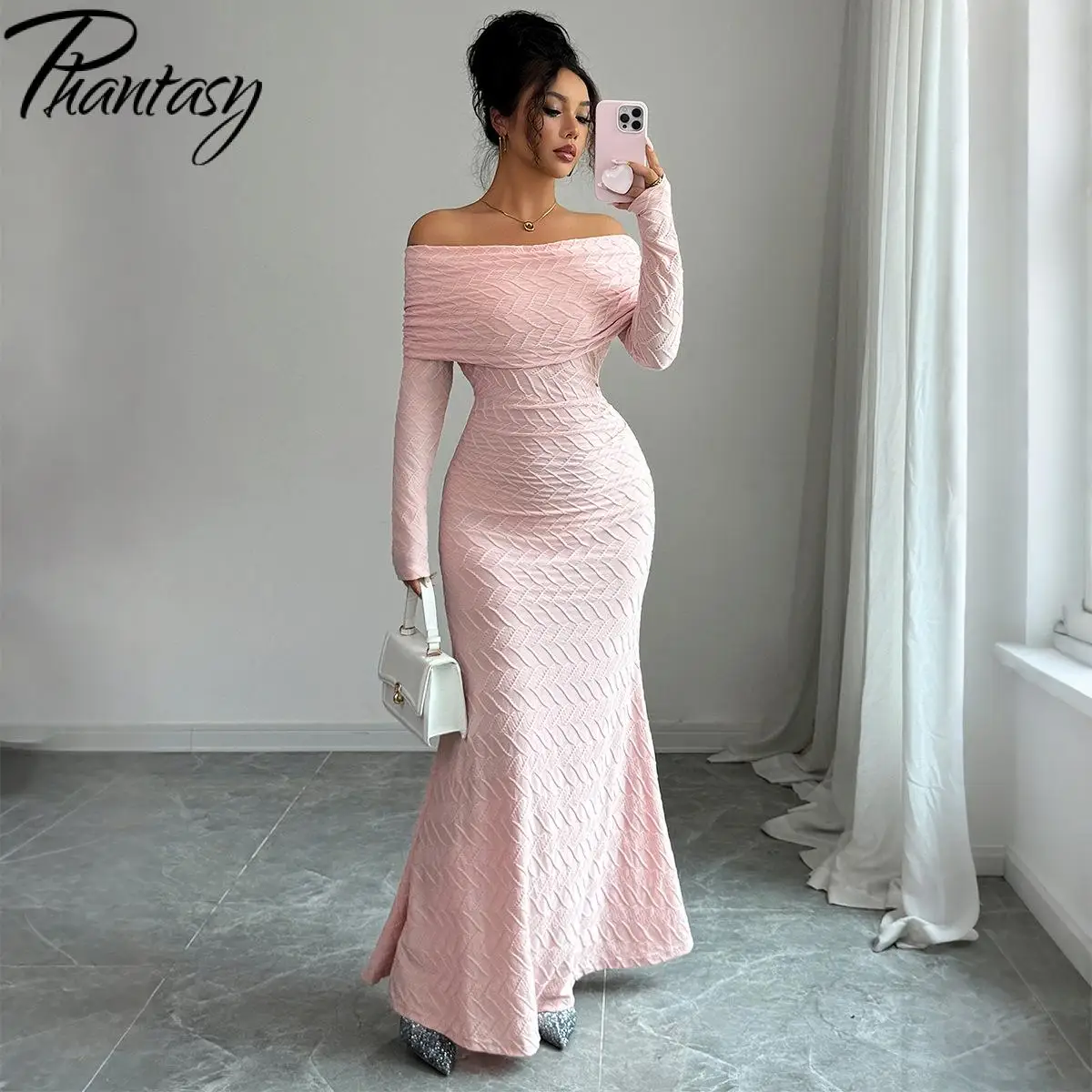 

Phantasy Pink Long Dress French Elegant One Shoulder Long Sleeved Solid Color Dress Party Evening Dress Vintage Clothing 2025