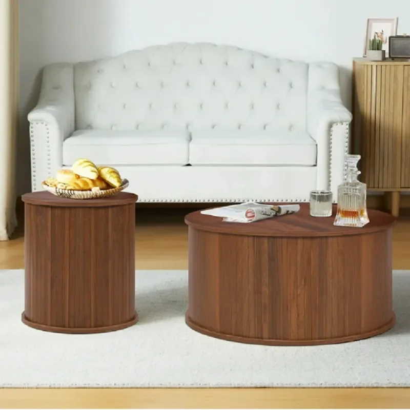 2 Piece Round Wood Coffee Table Set with Groove Design Storage Space for Living Room Beverage Side End Tables