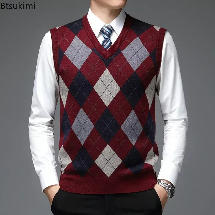 

New 2025 Men's Casual Knitted Wool Sweater Vest V-neck Knit Pullover Jacquard Plaid Sleeveless Tops Business Office Men's Vest