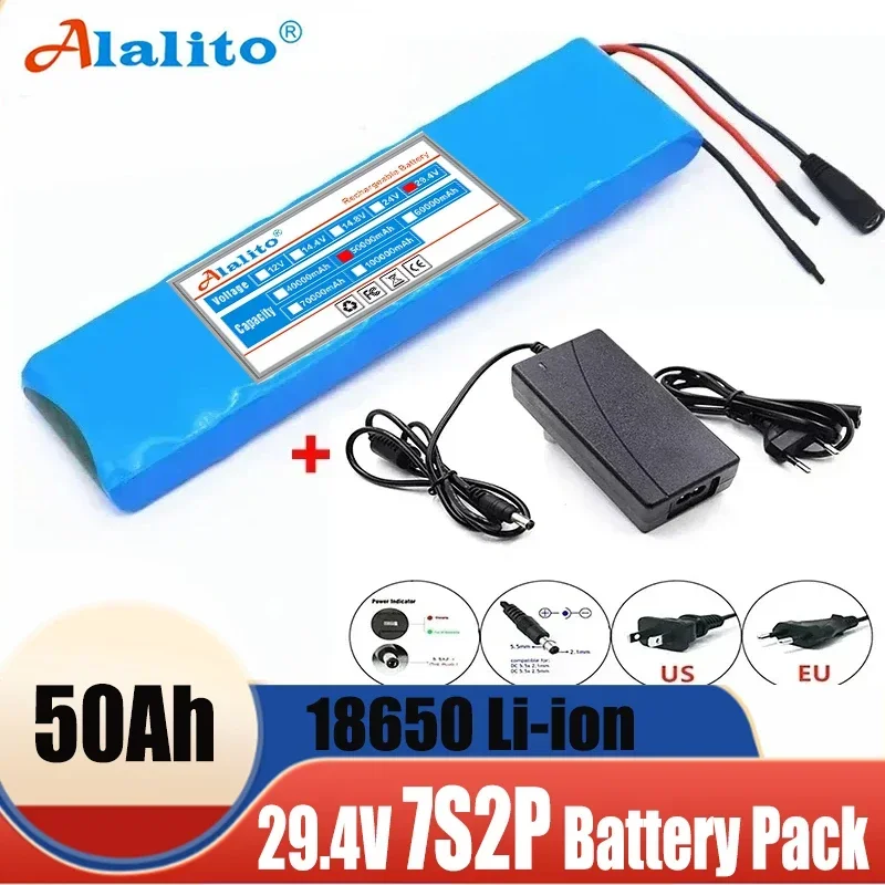 

24v 50ah 7s2p 18650 li-ion rechargeable battery 29.4v 50000mah electric bike moped balancing scooter + 2a charger