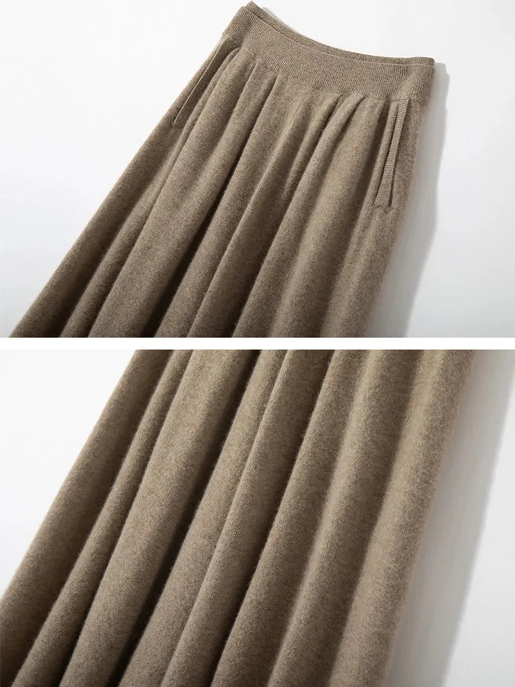 

Classic Autumn Winter Wave Skirt 100% Cashmere Skirt Women A-Line Skirt Female Double Elastic Waist Pocket Warm Knit Long Dress