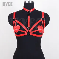 UYEE Sexy Women Harness Bra Red PU Leather Heart Chest Patch Rave Outfit Erotic Chest Bondage Lingerie Gothic Body Cage Bdsm Top