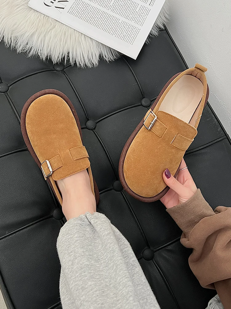 Retro Woman Shoes Round Toe Female Footwear British Style Casual Sneaker New Dress Summer Preppy PU Leisure Flock Rubber Buckle