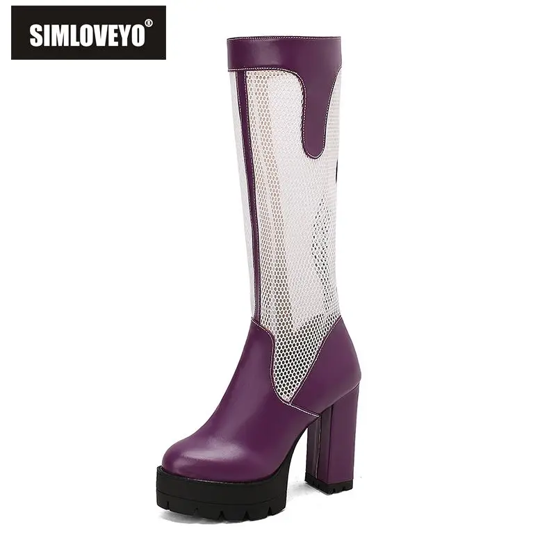 

SIMLOVEYO Модные женские летние ботинки с круглым носком на блочном каблуке 12 см, платформа 4 см, молния, сетка, большие размеры 48 49 50, сексуальные сапоги до колена