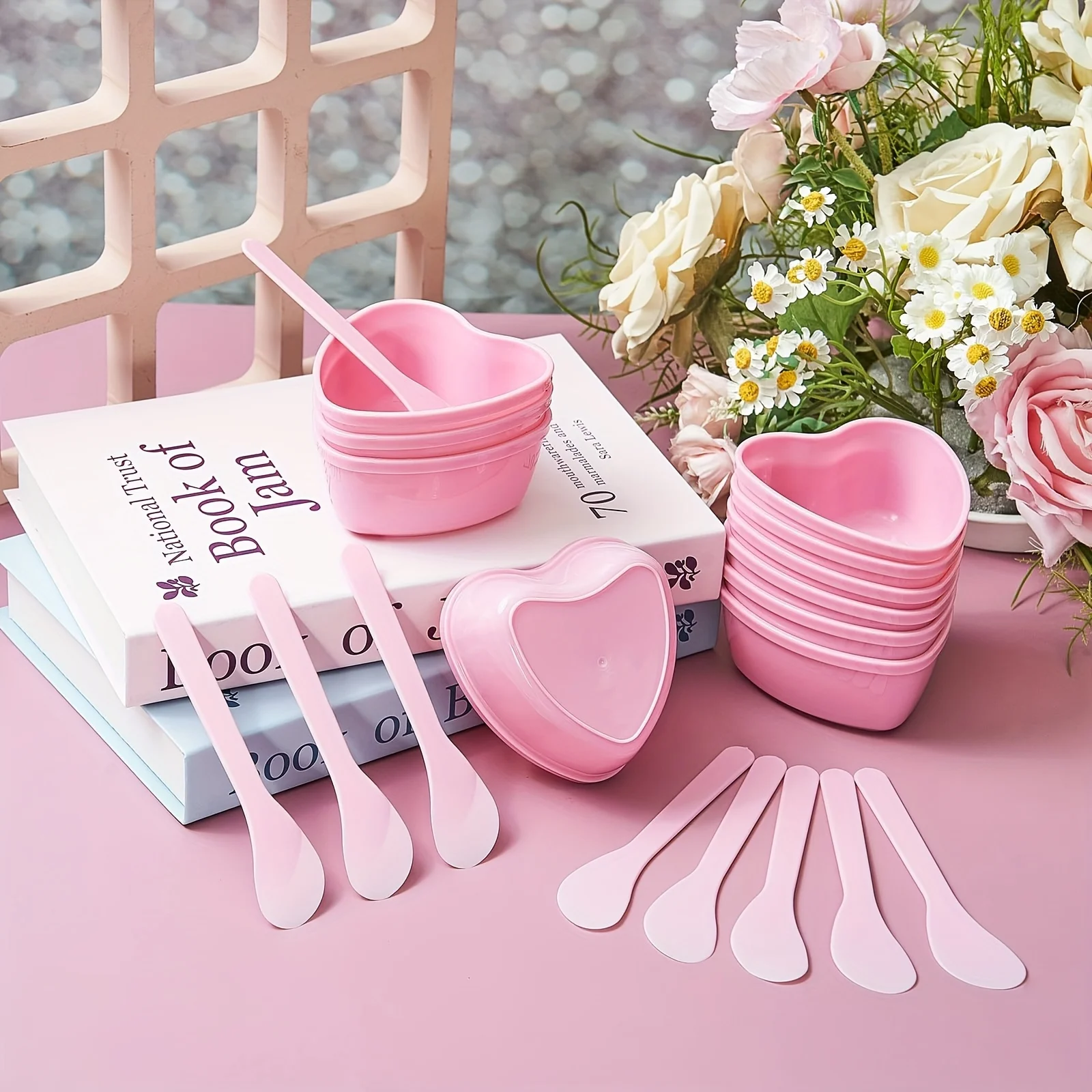 Cuenco mezclador de mascarilla Facial en forma de corazón rosa de 6 piezas con raspador, herramienta de cuidado de la piel de plástico DIY, adecuado para la familia y el salón