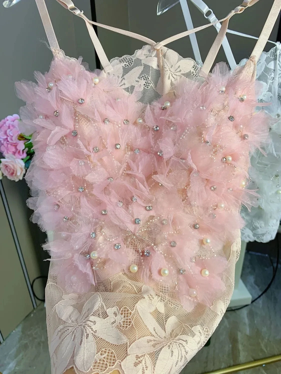 Chic Vintage Backless Corset Bustier Mesh Three-dimensional Flower Tank Top Korean Fashion Summer Beach Women Sling Crop Top