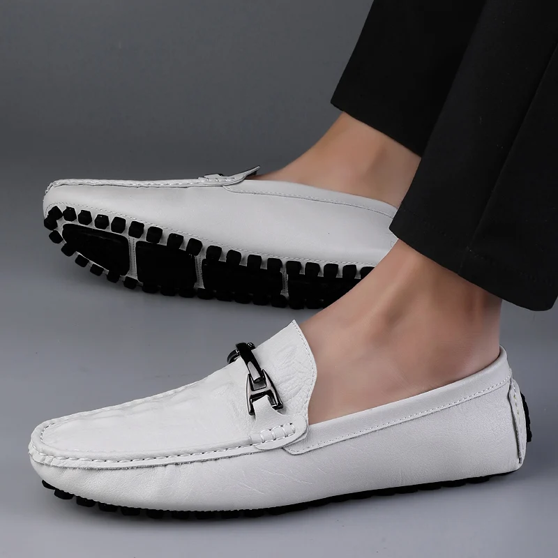 

Spring White Genuine Leather Loafers Mens Design Moccasin Fashion Slip on Soft Flat Casual Shoes Simplicity Handmade Boat Shoes