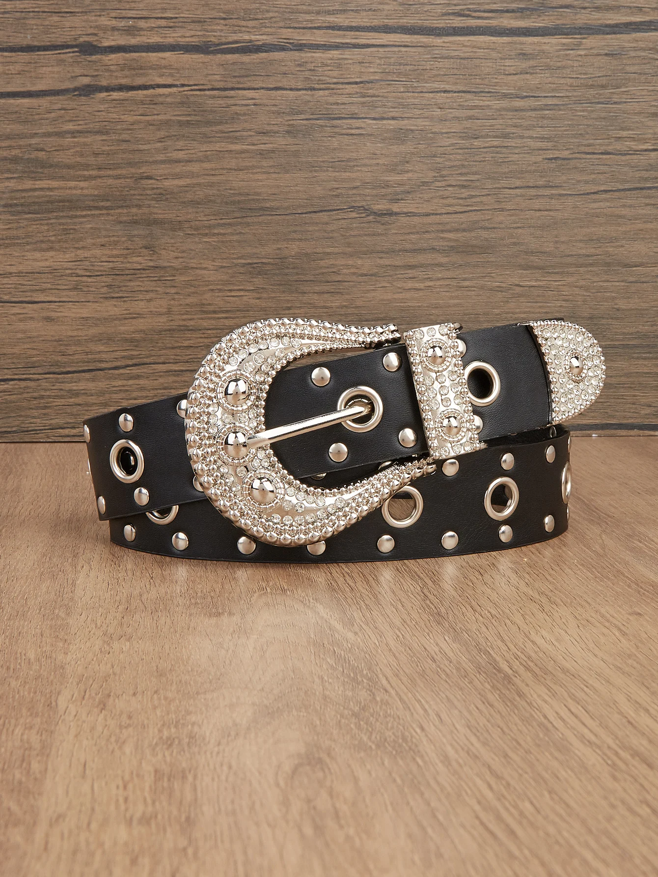 1pc Men's Western Style Distressed Texture Rhinestone & Pearl Embellished Hollow Buckle Denim Belt, Summer Casual Accessory