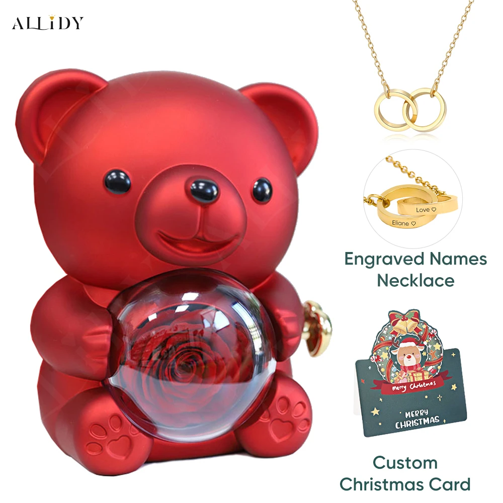 

Christmas New Year Gift Idea Rose Bear Jewelry Box with Custom Engraved Name Necklace Holiday Card Valentine's Day Gift Women